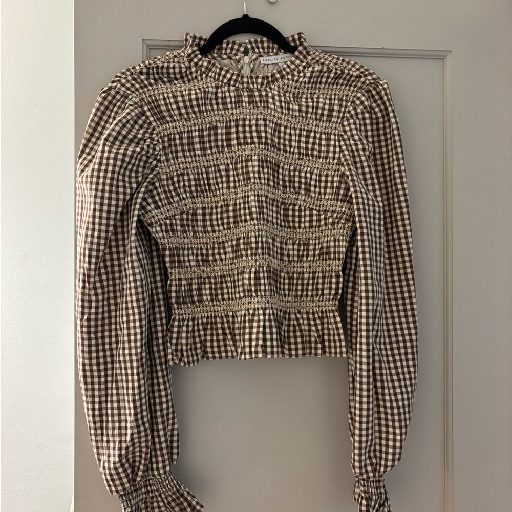 English Factory Brown and White Smocked Blouse